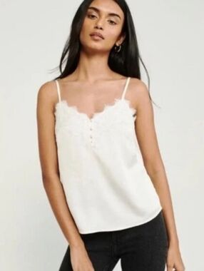 Abercrombie & Fitch Womens Camisole Tank Top XL Cream Satin Lace V-neck Croquet